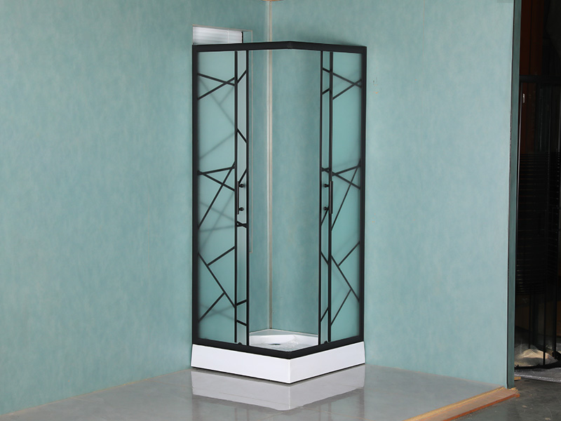 Posuvný sprchový kút SQ, matné tvrdené sklo s potlačou, čierny hliníkový profil, rukoväť s dvojitými otvormi, s podnosom Posuvný sprchový kút SQ, matné tvrdené sklo s potlačou, čierny hliníkový profil, rukoväť s dvojitými otvormi, s podnosom