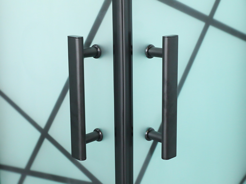 Posuvný sprchový kút SQ, matné tvrdené sklo s potlačou, čierny hliníkový profil, rukoväť s dvojitými otvormi, s podnosom Posuvný sprchový kút SQ, matné tvrdené sklo s potlačou, čierny hliníkový profil, rukoväť s dvojitými otvormi, s podnosom