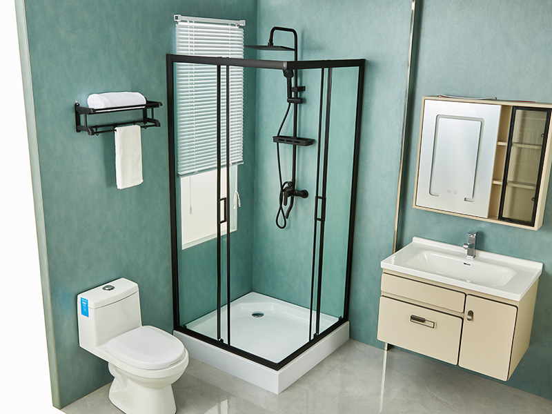 Sprchový kút SQ posuvný, číre tvrdené sklo, čierny hliníkový profil, rukoväť s dvojitými otvormi, s podnosom Sprchový kút SQ posuvný, číre tvrdené sklo, čierny hliníkový profil, rukoväť s dvojitými otvormi, s podnosom