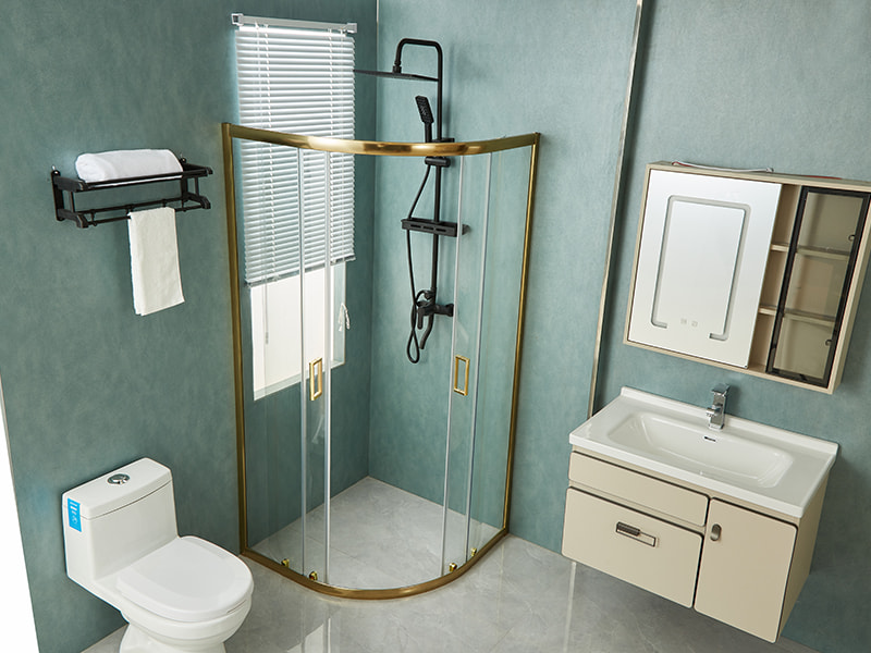 Posuvný sprchový kút SE, číre tvrdené sklo, zlatý hliníkový profil, rukoväť s dvojitými otvormi, bez vaničky Posuvný sprchový kút SE, číre tvrdené sklo, zlatý hliníkový profil, rukoväť s dvojitými otvormi, bez vaničky