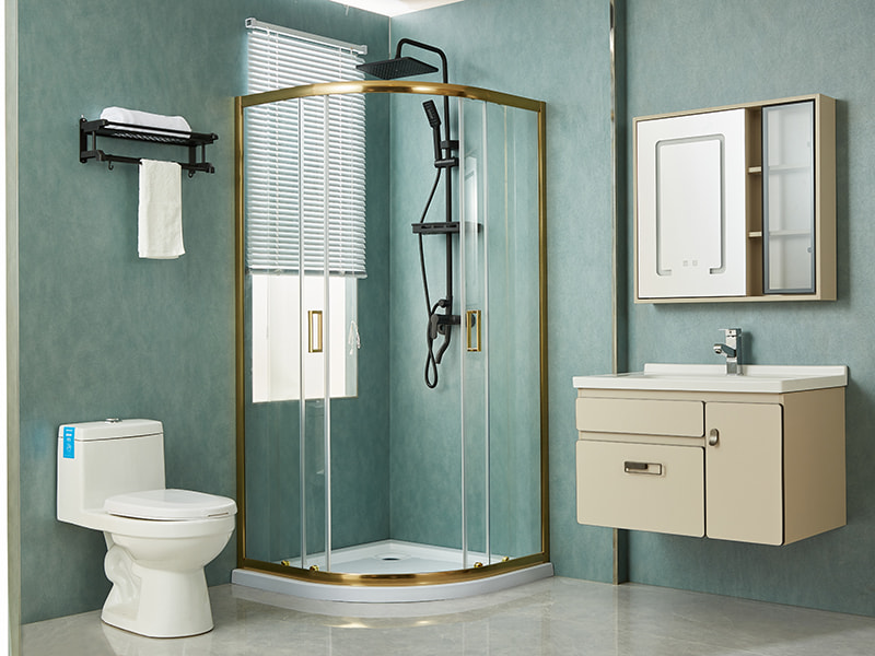 Posuvný sprchový kút SE, číre tvrdené sklo, zlatý hliníkový profil, rukoväť s dvojitými otvormi, bez vaničky Posuvný sprchový kút SE, číre tvrdené sklo, zlatý hliníkový profil, rukoväť s dvojitými otvormi, bez vaničky